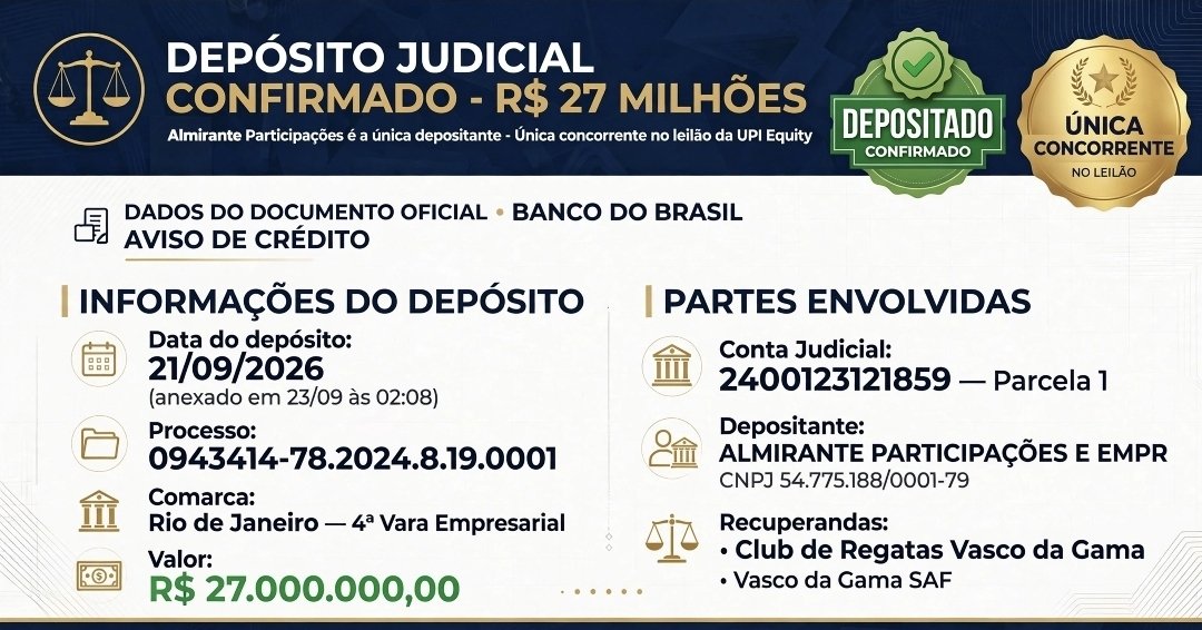 1790159222_384_Almirante-de-Marcos-Lamacchia-deposita-R-27-milhoes-e-e Almirante, de Marcos Lamacchia, deposita R$ 27 milhões e é a única concorrente do leilão pela SAF do Vasco