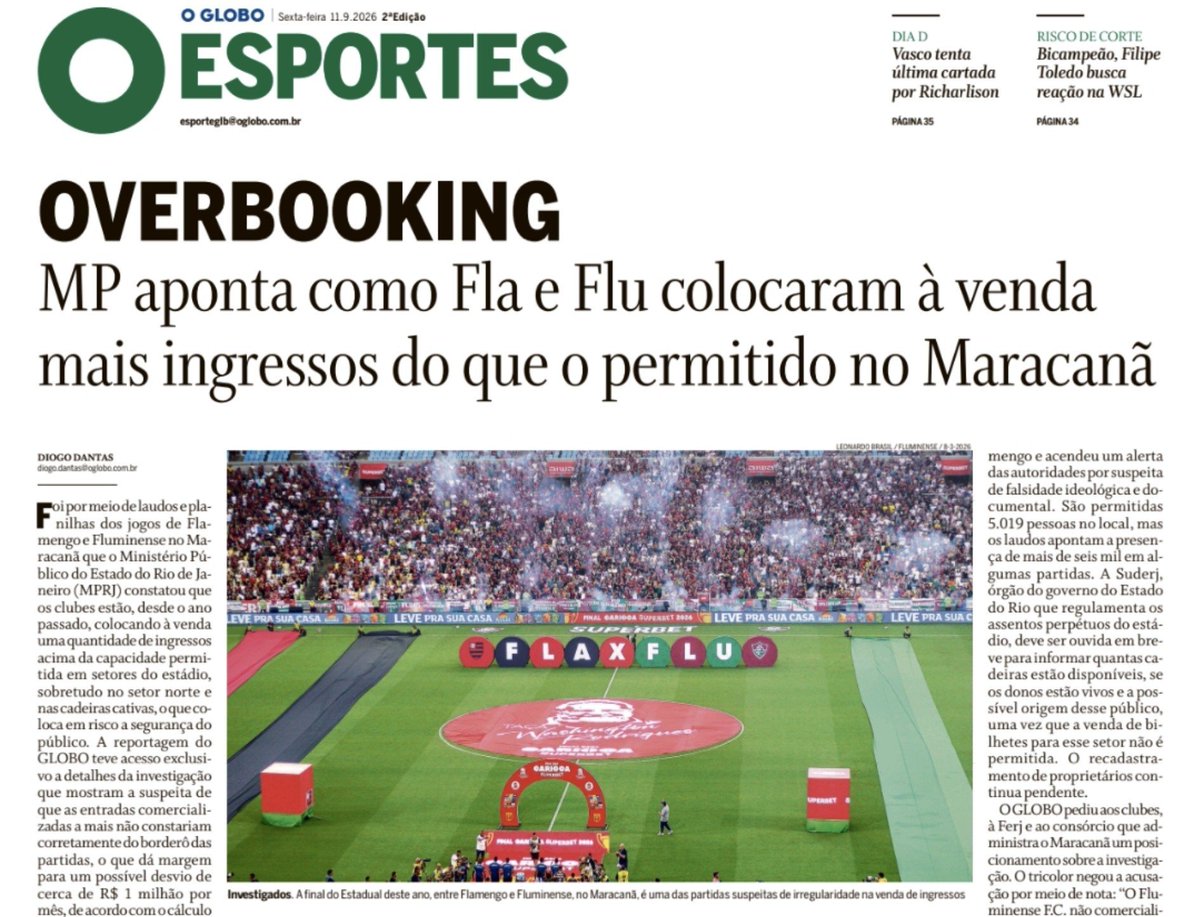 MP-aponta-como-dupla-Fla-Flu-vende-mais-ingressos-que-o MP aponta como dupla Fla-Flu vende mais ingressos que o permitido no Maracanã; clubes podem perder mando por até 6 meses